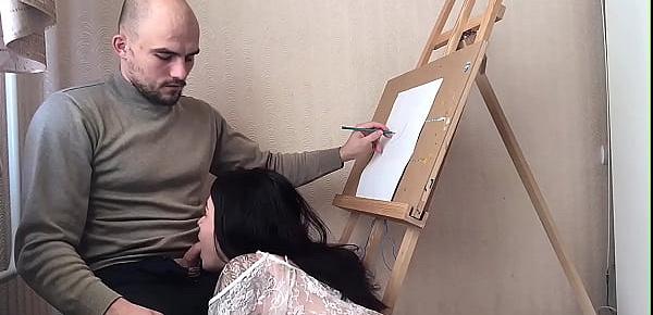  Model Deep Sucking Dick Painter while He Draws Her